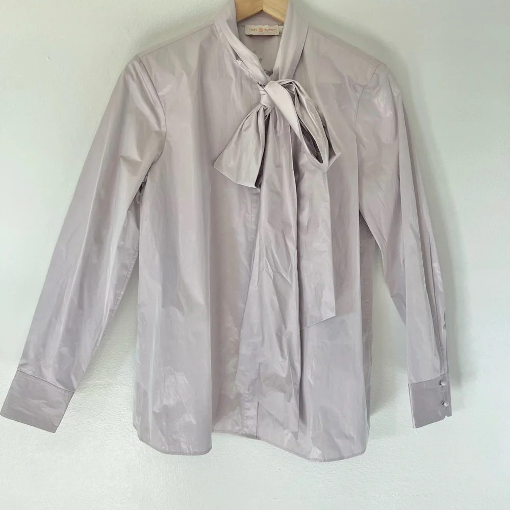 Tory Burch Daphne Bow Blouse In Sheer Lavender Light Purple Size 6 NWT‎
